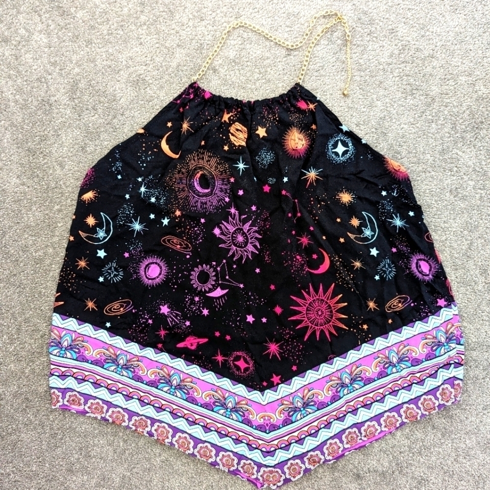 BLACK and pink astrological pattern chain neck halter top size XXL